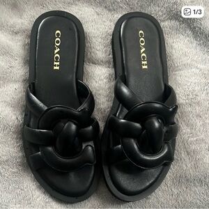 COACH Black Knotted Leather Slide Sandals